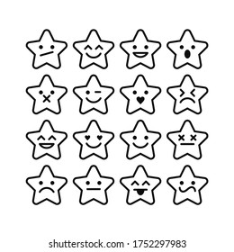 Cute Stars. Vector Set Of Outline Emoticons. 