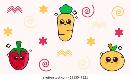 cute starwbery, carrot and orange background