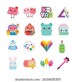 Cute stationery characters illustration with washi tapes, umbrella, notebook, and paint palette