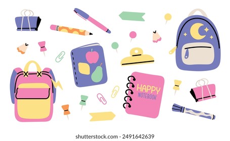 Cute stationery collection. Set of elements: backpacks, notebooks, pins, clips, stickers, marker, pen, pencil and pencil shavings. Simple bright vector illustrations, flat style.