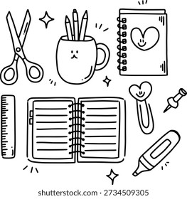 Cute stationery doodle set with notebook scissors pencils in mug ruler and highlighter in kawaii hand drawn style