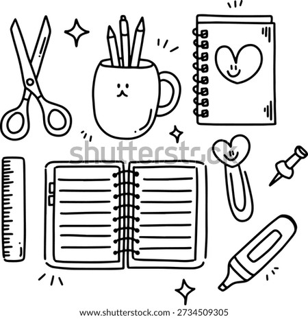 Cute stationery doodle set with notebook scissors pencils in mug ruler and highlighter in kawaii hand drawn style