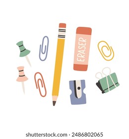 Cute stationery flat set. School supplies pencil, sharpener, eraser, pin, paper clip. Back to school.