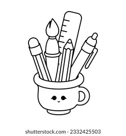 Cute Stationery in Kawaii Mug. Vector Line Art Image. Charming vector line art image featuring cute stationery standing in a kawaii style mug. Black line art on an isolated cutout background.