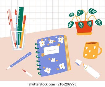 Cute stationery and notepad on desk, plant and coffee cup vector illustration.