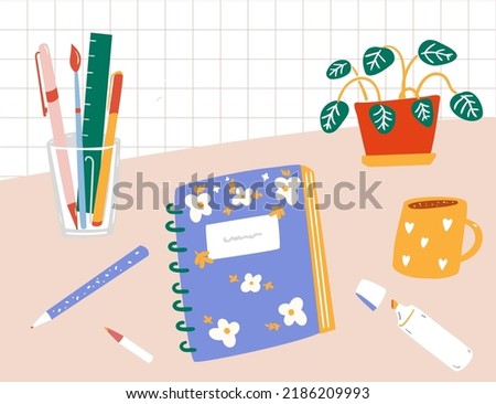 Cute stationery and notepad on desk, plant and coffee cup vector illustration.