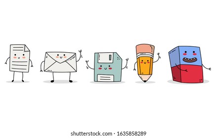 Cute Stationery and Office Supplies Character Set 1: paper, mail, floppy disc, pencil and eraser