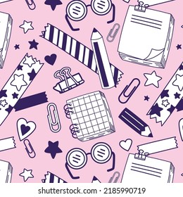 Cute Stationery And School Supplies Pattern, Vector