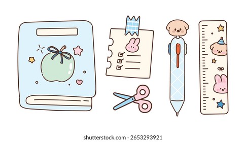 Artigos de papelaria bonito e material escolar conjunto com animais Kawaii. Doces Planejador desenhado à mão e Elementos de Escritório.