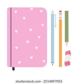 Cute stationery set in flat style. Paper notebook, pen, pencils and  eraser. Cartoon style.