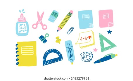 Cute stationery set. Office, school supplies, flat design. Notebook, pen, pencil, ruler, paper clip, sticky notes, push pin, highlighter, glue, eraser, scissors.