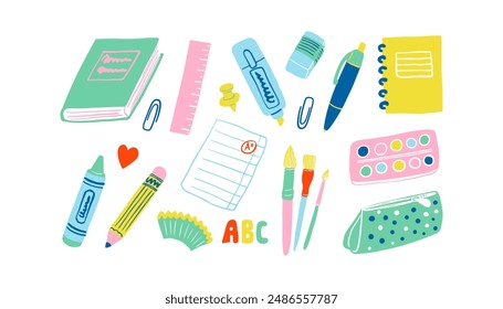 Cute stationery set. Office, school supplies, education. Notebook, pen, pencil, ruler, book, crayon, eraser, brush, paint, pencil case, etc.