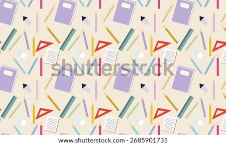 A cute stationery-themed pattern featuring pencils, erasers, rulers, highlighters, notebooks, and other colorful elements. Each element is evenly and neatly distributed on a pink background.