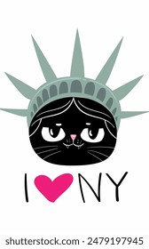 Cute statue of liberty black cat, cartoon vector illustration. I love New York card, sticker or banner, 4 july card