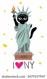 Cute statue of liberty black cat, cartoon vector illustration. I love New York card, sticker or banner, 4 july card