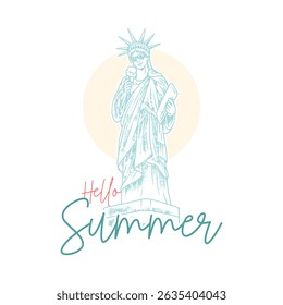 Cute Statue of Liberty holding an ice cream cone, celebrating summer with a playful patriotic twist.