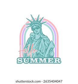 Cute Statue of Liberty holding an ice cream cone, celebrating summer with a playful patriotic twist.