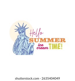 Cute Statue of Liberty holding an ice cream cone, celebrating summer with a playful patriotic twist.