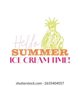 Cute Statue of Liberty holding an ice cream cone, celebrating summer with a playful patriotic twist.