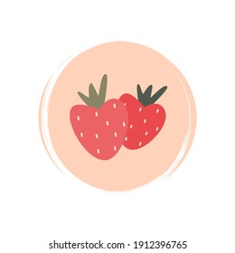 Cute stawberries icon vector, illustration on circle with brush texture, for social media story and highlights