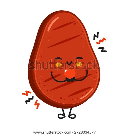Cute steak cartoon character expressing love with a red heart and swirling eyes, symbolizing intense desire or craving for food, isolated on a white background