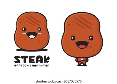 cute steak mascot, food cartoon illustration, suitable for use as logos, packaging labels, stickers, etc.