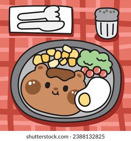 Cute steak teddy bear shape face with fried egg on tablecloth.Meal.Food.Wild animal character cartoon design.Kawaii.Vector.Illustration.