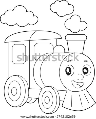 Cute Steam Train Coloring Page for Kids. Black and White Printable Activity Sheet for Toddlers.