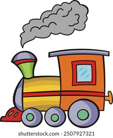 Cute steam train locomotive. Coloring page and colorful clipart character. Cartoon design for t shirt print, icon, logo, label, patch or sticker. Vector illustration.