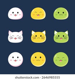 Cute steamed buns, cat, dango icon set. Japanese sweet animal and cake cartoon dessert icons