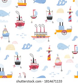 Cute steamers are sailing on the sea. Childish seamless pattern. Creative texture for fabric, wrapping, textile, wallpaper, apparel. Vector illustration.