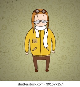 Cute steampunk pilot with mustache. Vector illustration