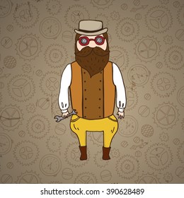 Cute steampunk pilot with wrench and beard. Vector illustration