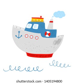 Cute steamship in sea waves. Sea travel transport. Steamboat. Cartoon flat marine card. Kids nautical hand drawn vector illustration.Childish background. Isolated white background.