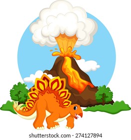 Cute stegosaurus cartoon dinosaur with volcano background