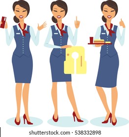 Cute stewardess flat vector set isolated on white background