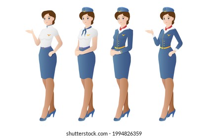 Cute Stewardess set isolated on white background.