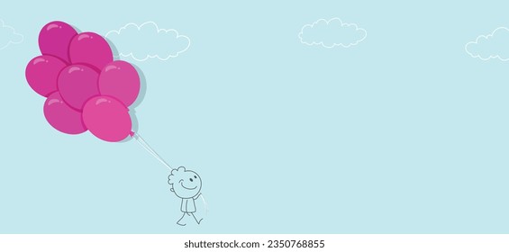 Cute stick character cartoon holding bunch of pink balloon on a sky blue background