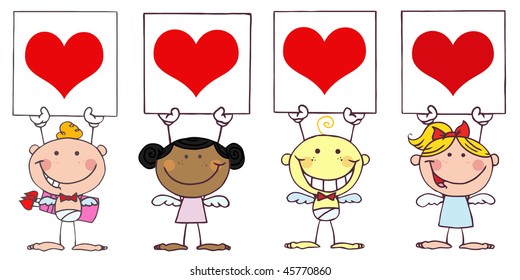 Cute Stick Cupids Holding Red Heart Signs