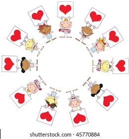 Cute Stick Cupids Holding Red Heart Signs In A Circle