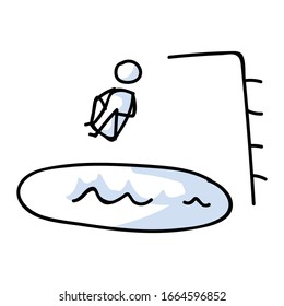 Cute stick figure cannonball into pool board vector clipart.Courageous athlete dive board. Hand drawn pictogram of leisure holiday illustration. EPS 10. 