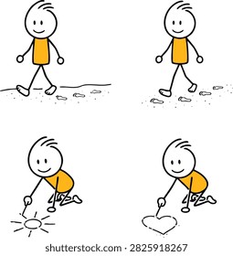 Cute stick figure character enjoying beach activities, walking barefoot on the sand, leaving footprints, drawing pictures, and writing messages in the sand. Clean minimalist hand-drawn doodle illustration with bold black outlines, yellow shirt, isolated on a white background. Suitable for summer vacation, beach holiday, travel, tourism, and leisure concepts.