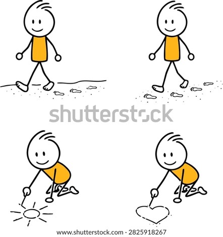 Cute stick figure character enjoying beach activities, walking barefoot on the sand, leaving footprints, drawing pictures, and writing messages in the sand. Clean minimalist hand-drawn doodle illustration with bold black outlines, yellow shirt, isolated on a white background. Suitable for summer vacation, beach holiday, travel, tourism, and leisure concepts.