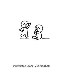 Cute Stick Figure Characters Expressing Joy and Surprise in a Cartoon. One character runs joyfully while the other responds with surprise.