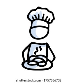 Cute stick figure chef baker with cookie plate lineart icon. Dinner preparation pictogram. Communication of pastry baking illustration. Kitchen with bakery vector graphic. 