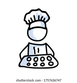 Cute stick figure chef baker with cookie tray lineart icon. Dinner preparation pictogram. Communication of pastry baking illustration. Kitchen with bakery vector graphic. 