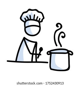 Cute stick figure chef cooking at home lineart icon. Dinner preparation pictogram. Communication of restaurant meal illustration. Kitchen with pot on stove and lunch vector graphic. 