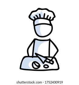 Cute stick figure chef cooking and chopping ingredients lineart icon. Dinner preparation pictogram. Communication of homemade meal illustration. Kitchen with knife vector graphic. 