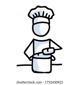 Cute stick figure chef cooking at home lineart icon. Dinner preparation pictogram. Communication of restaurant meal illustration. Kitchen with pouring into pot and lunch vector graphic. 
