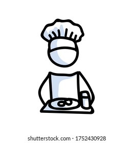 Cute stick figure chef cooking with meal plate lineart icon. Dinner preparation pictogram. Communication of restaurant meal illustration. Kitchen with spoon and lunch vector graphic. 